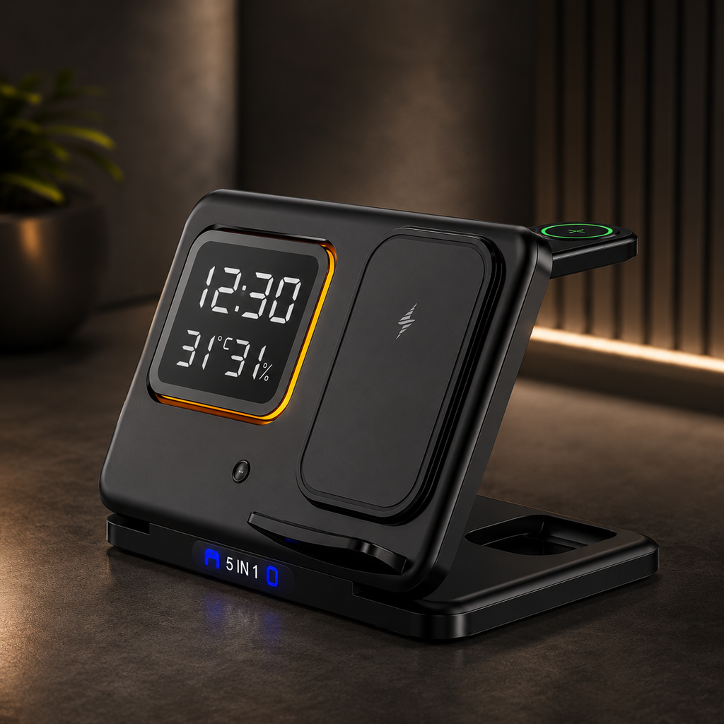 5-in-1 Wireless Charging Station | LED Alarm Clock Fast Charger Stand