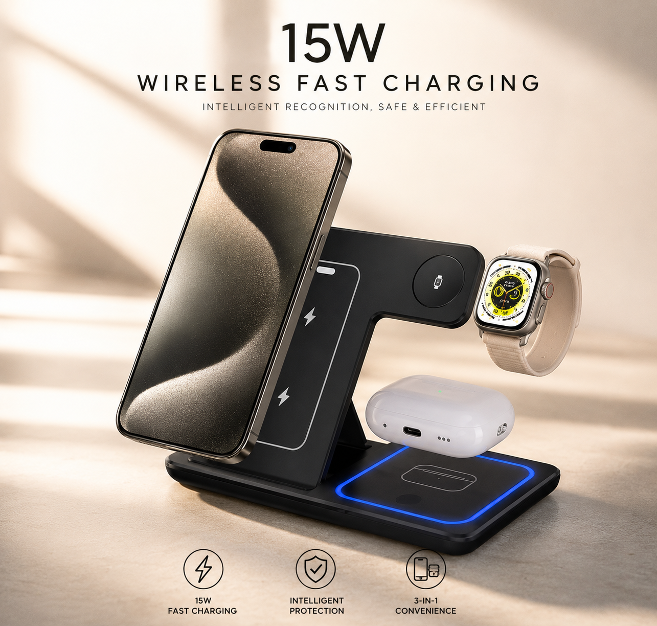 3-in-1 Wireless Charging Stand | Fast Charger for iPhone, Apple Watch & AirPods