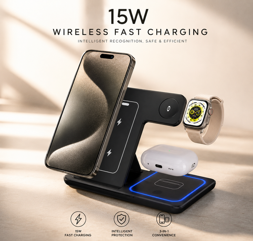 3-in-1 Wireless Charging Stand | Fast Charger for iPhone, Apple Watch & AirPods