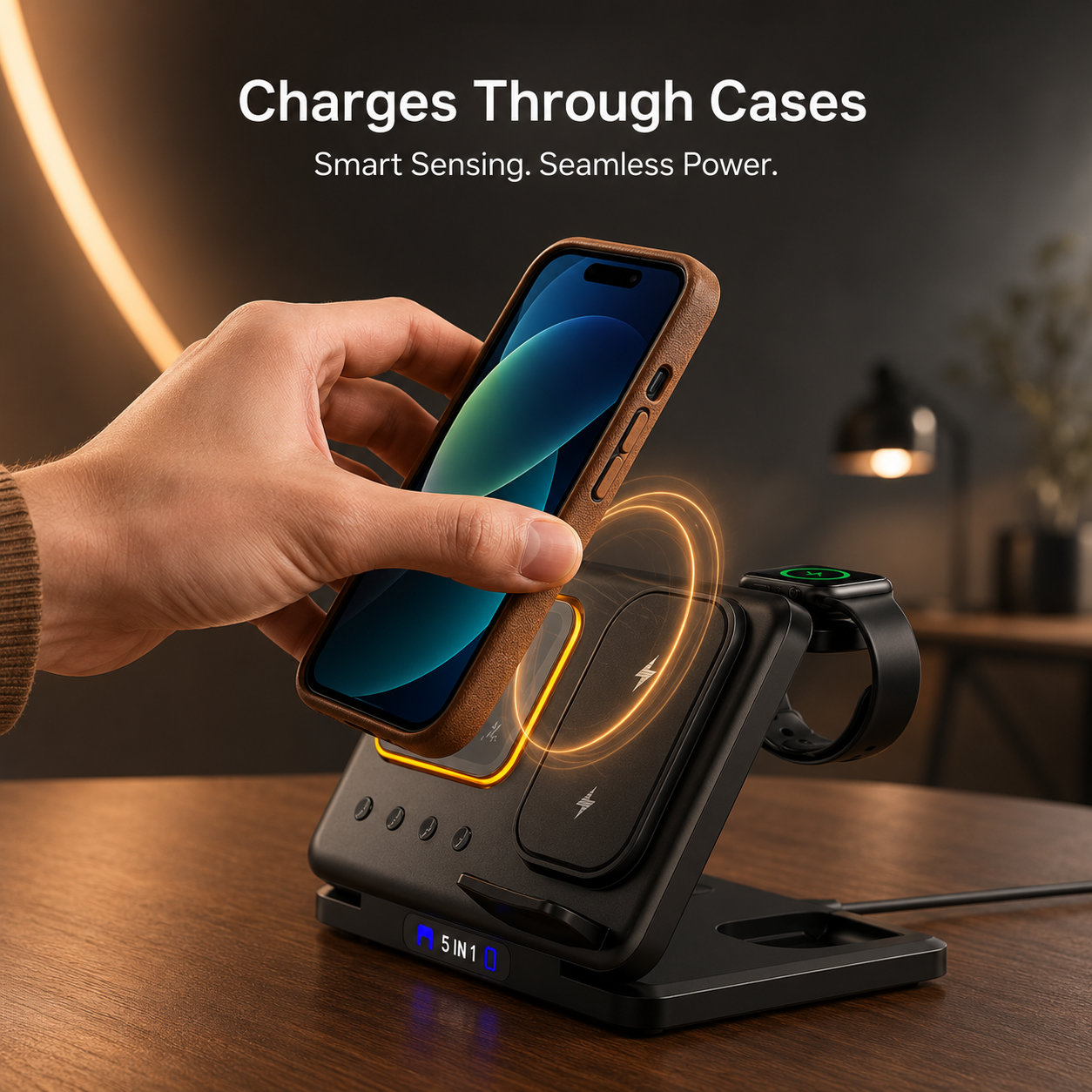 5-in-1 Wireless Charging Station | LED Alarm Clock Fast Charger Stand