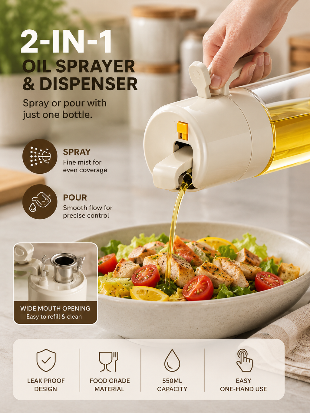 2-in-1 Olive Oil Sprayer & Dispenser Bottle – Refillable Oil Mister for Air Fryer, BBQ, Cooking, Baking, Salad & Kitchen
