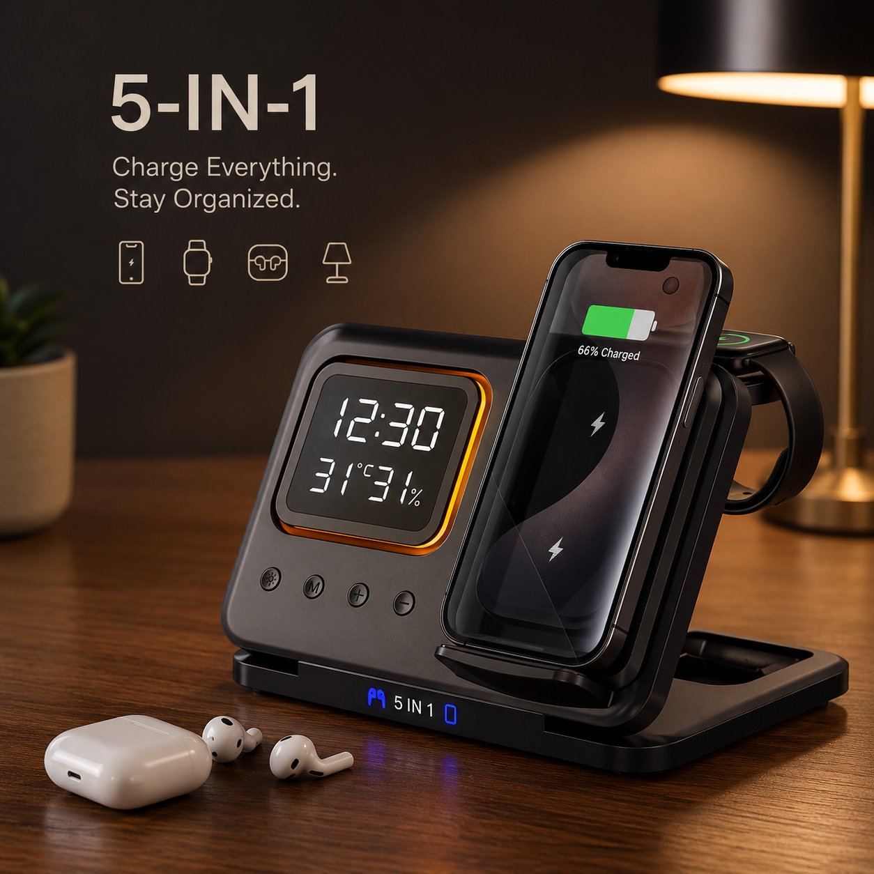 5-in-1 Wireless Charging Station | LED Alarm Clock Fast Charger Stand
