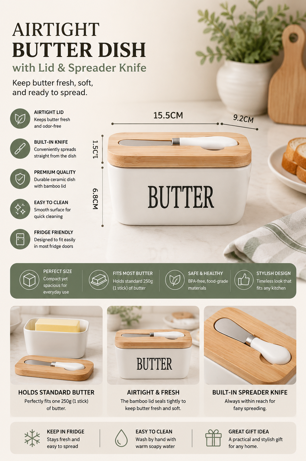 Ceramic Butter Dish with Lid – Airtight Butter Keeper & Covered Butter Storage Container for Kitchen, Countertop & Refrigerator