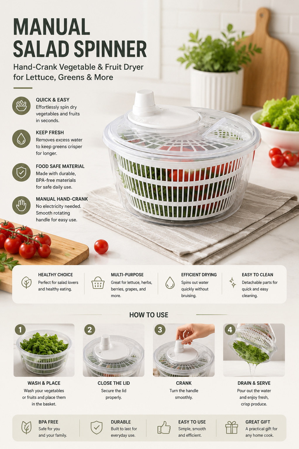 Manual Salad Spinner – Hand Crank Vegetable Dryer for Lettuce, Herbs, Fruits & Salad Greens