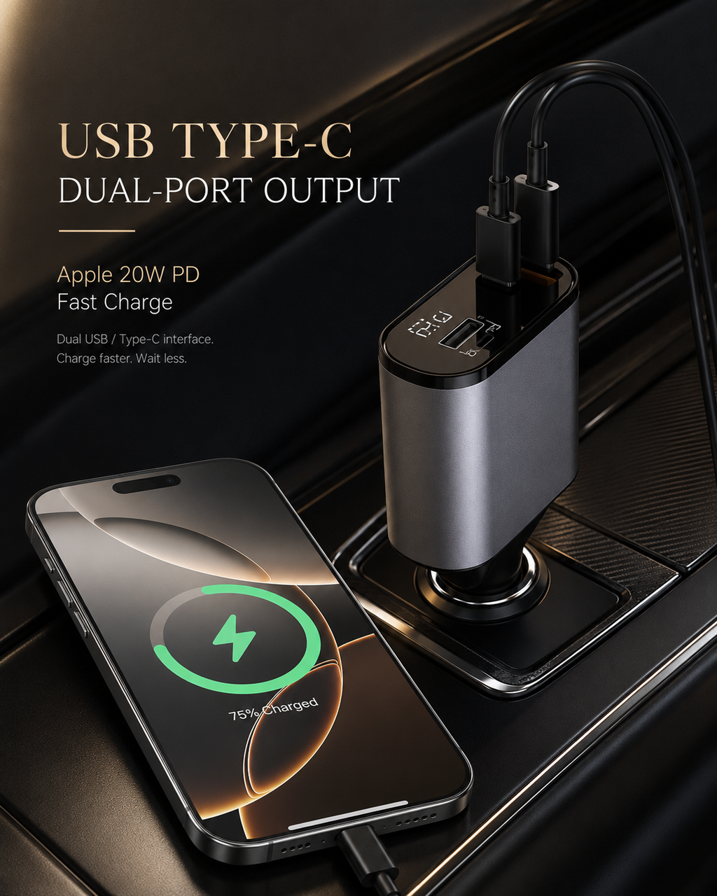 100W Car Charger | Metal Fast Charging USB-C & USB-A Adapter