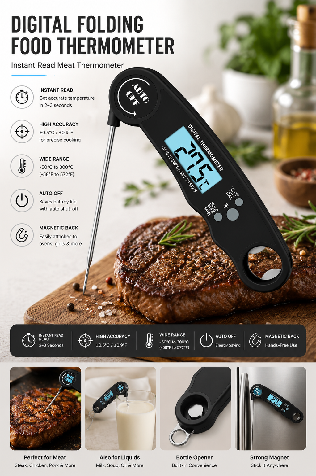 Digital Instant Read Meat Thermometer – Foldable Food Thermometer for BBQ, Grill, Cooking, Baking & Kitchen