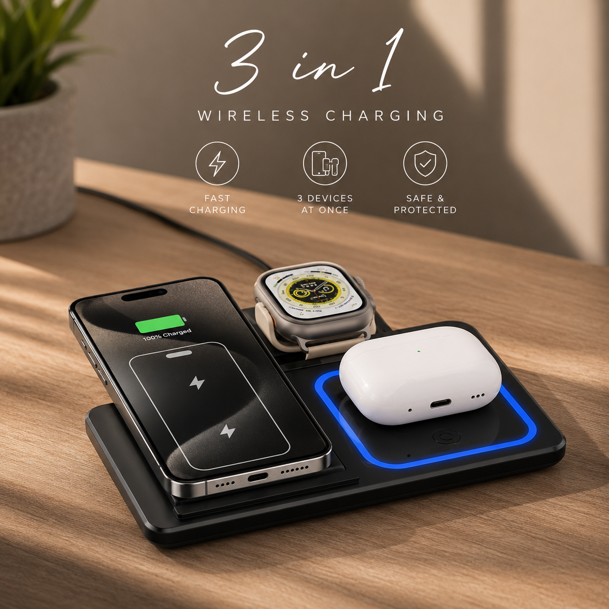 3-in-1 Wireless Charging Stand | Fast Charger for iPhone, Apple Watch & AirPods