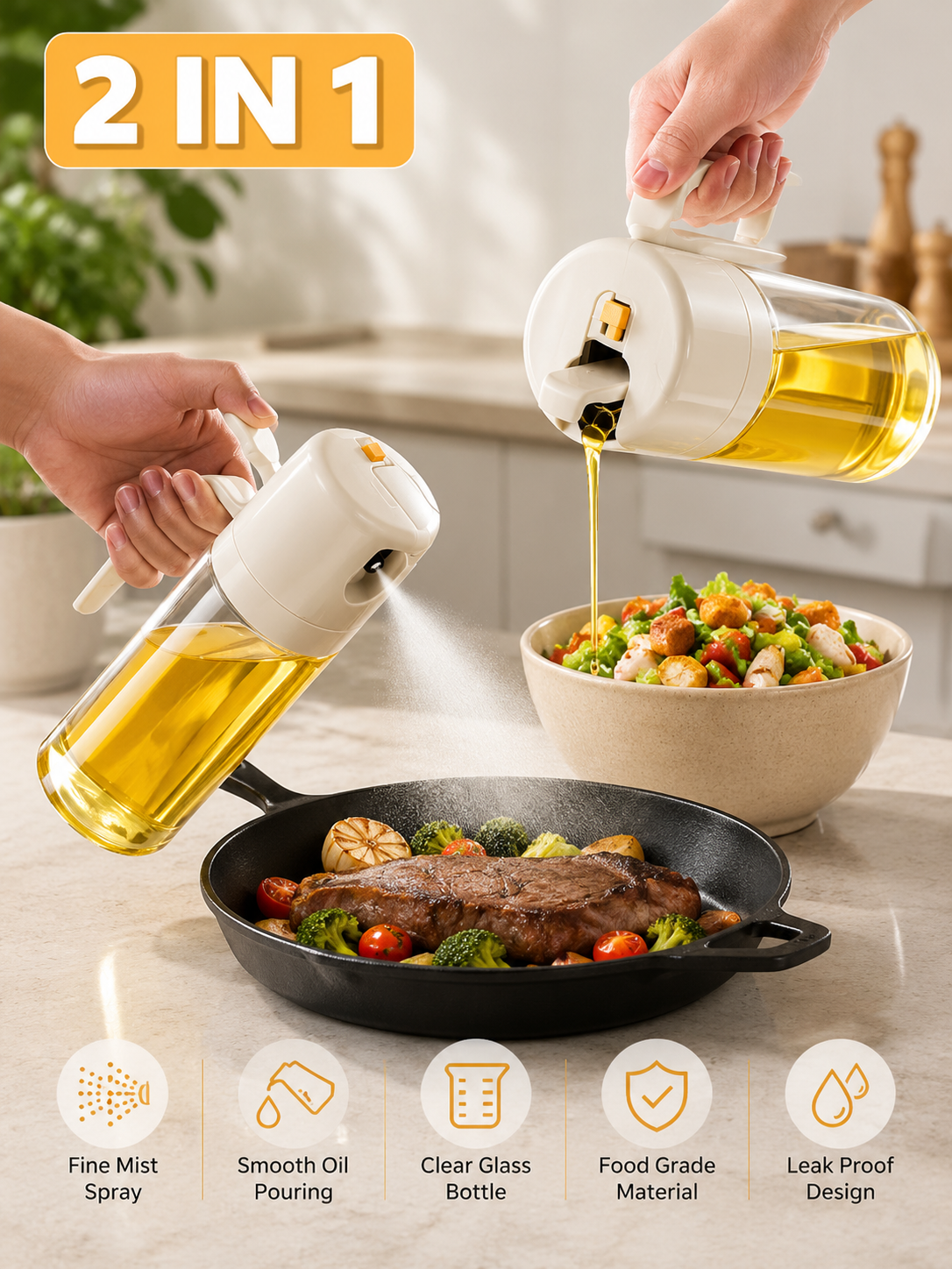 2-in-1 Olive Oil Sprayer & Dispenser Bottle – Refillable Oil Mister for Air Fryer, BBQ, Cooking, Baking, Salad & Kitchen
