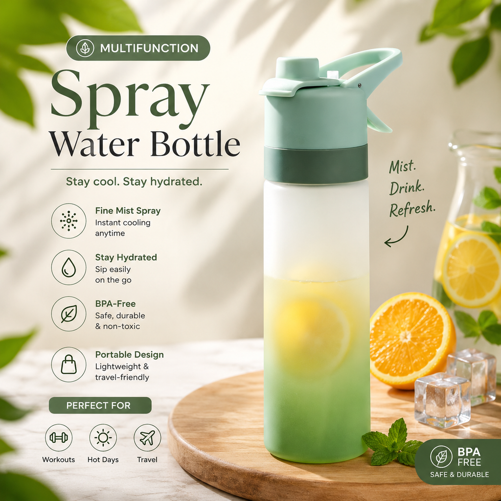 Spray Water Bottle with Mist – 2-in-1 Large Capacity Sports Water Bottle for Gym, Hiking, Travel, Fitness & Outdoor Hydration