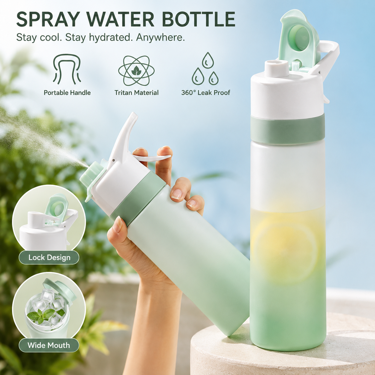 Spray Water Bottle with Mist – 2-in-1 Large Capacity Sports Water Bottle for Gym, Hiking, Travel, Fitness & Outdoor Hydration