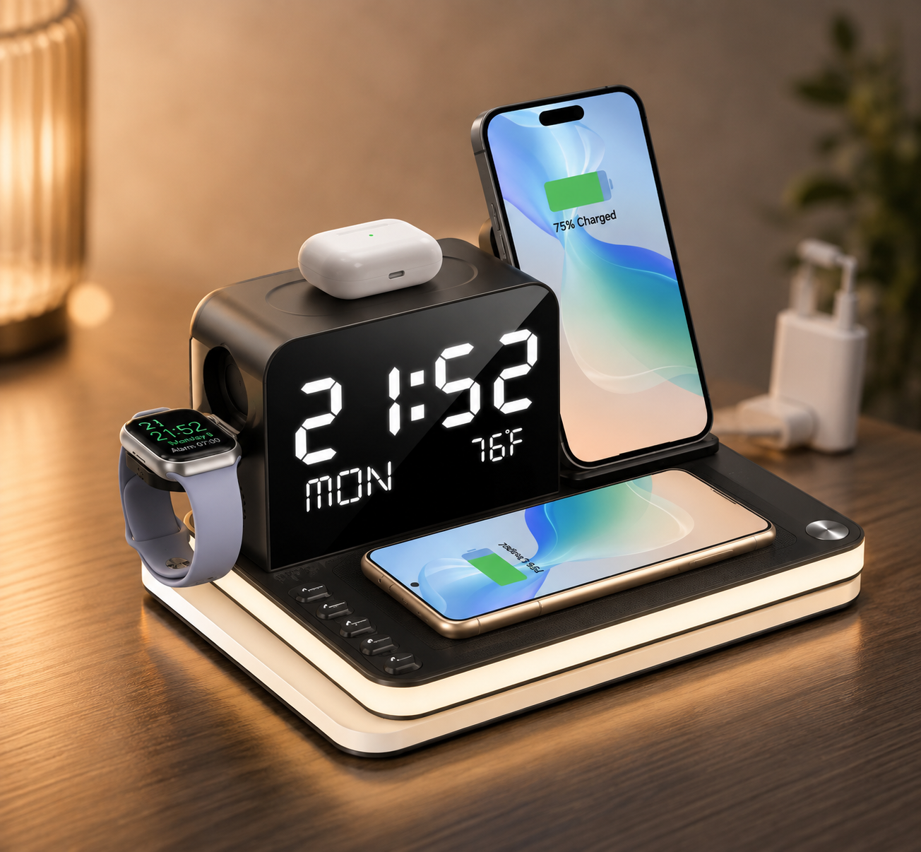 7 in 1 Charging Station | Wireless Charger with LED Clock, Night Light & Fast Charger