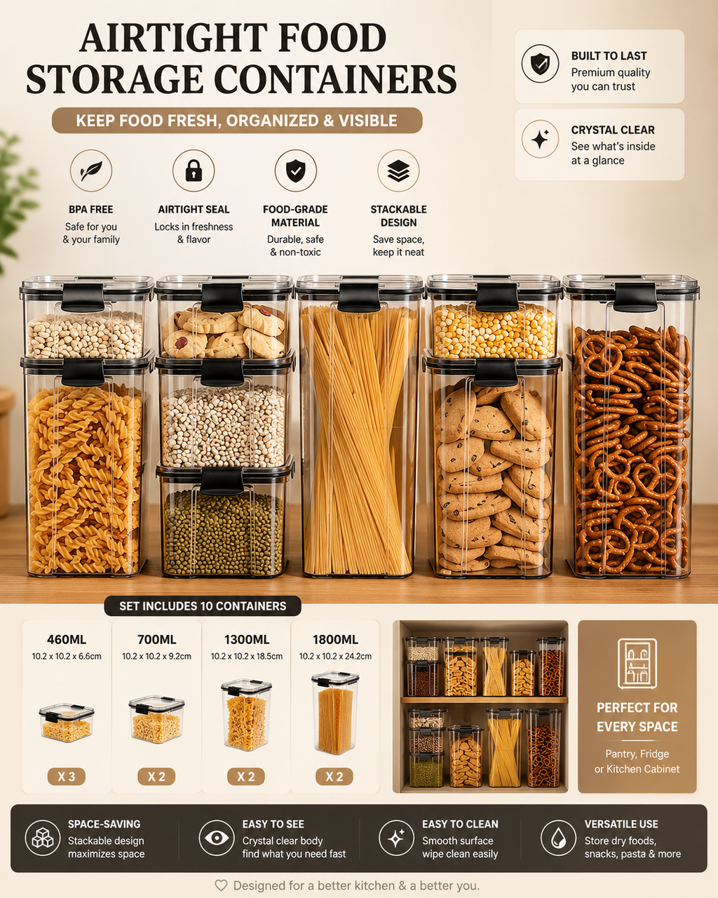 Airtight Food Storage Containers – Stackable Clear Pantry Storage Boxes for Cereal, Rice, Pasta, Grains & Refrigerator Organization