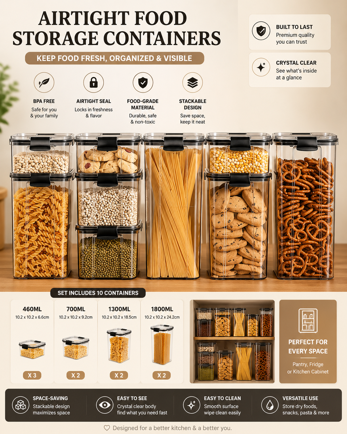 Airtight Food Storage Containers – Stackable Clear Pantry Storage Boxes for Cereal, Rice, Pasta, Grains & Refrigerator Organization