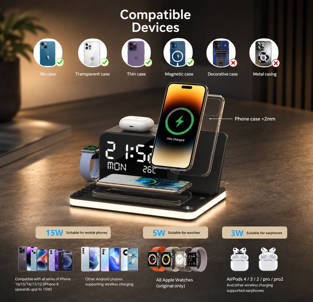7 in 1 Charging Station | Wireless Charger with LED Clock, Night Light & Fast Charger