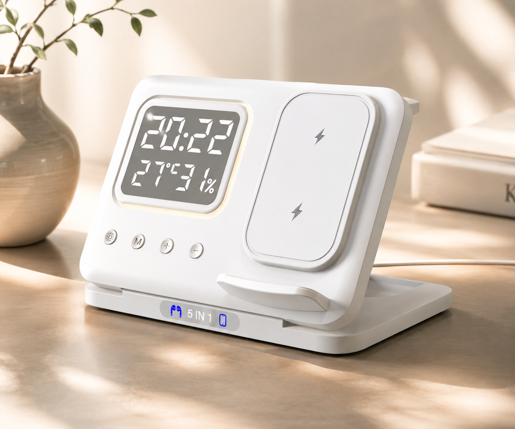 5-in-1 Wireless Charging Station | LED Alarm Clock Fast Charger Stand